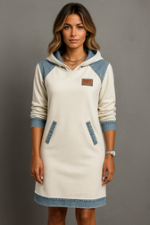 Hooded Long Sleeve Denim Patchwork Mini Dress Pocket 2