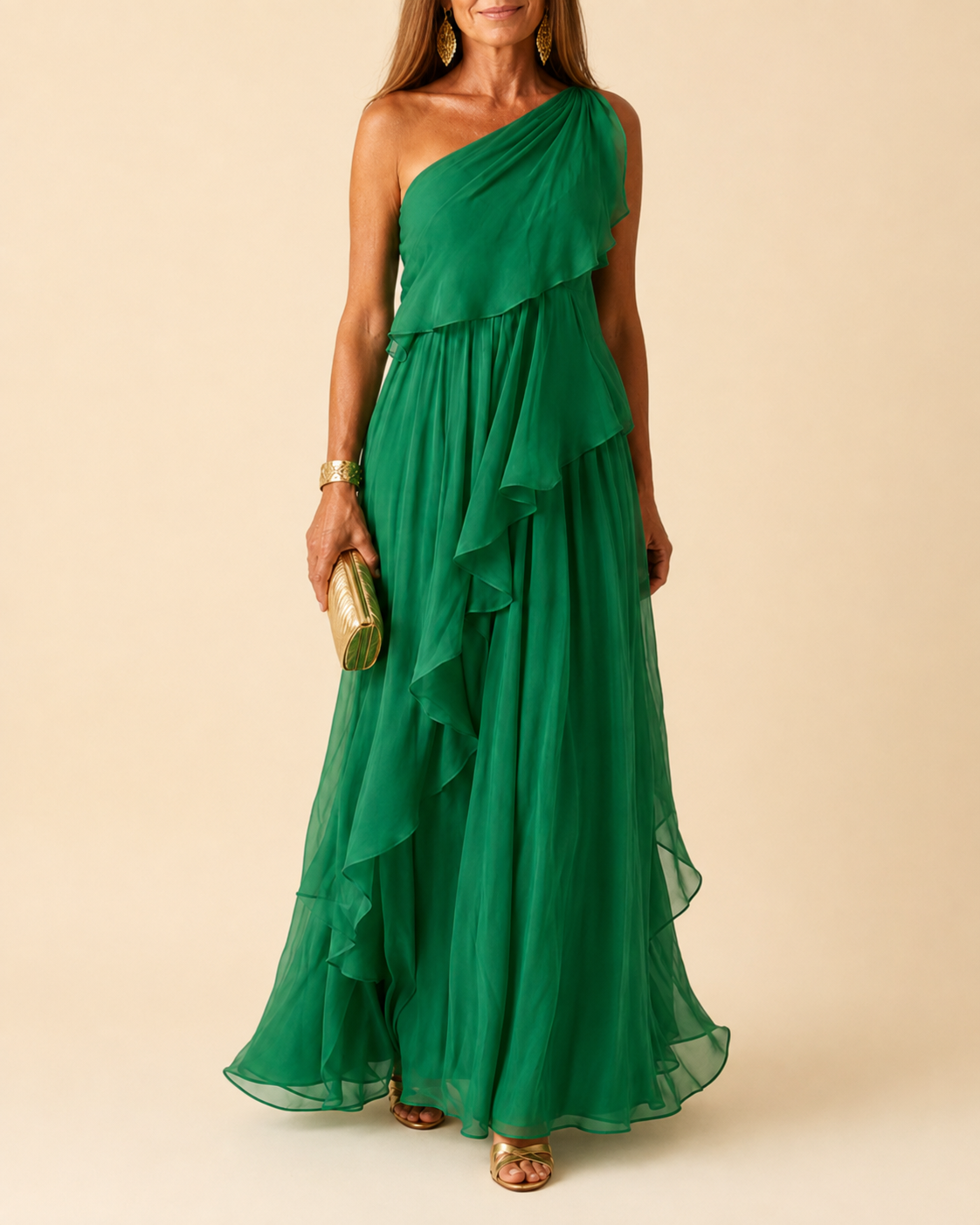 One Shoulder Cascading Ruffle Chiffon Maxi Gown
