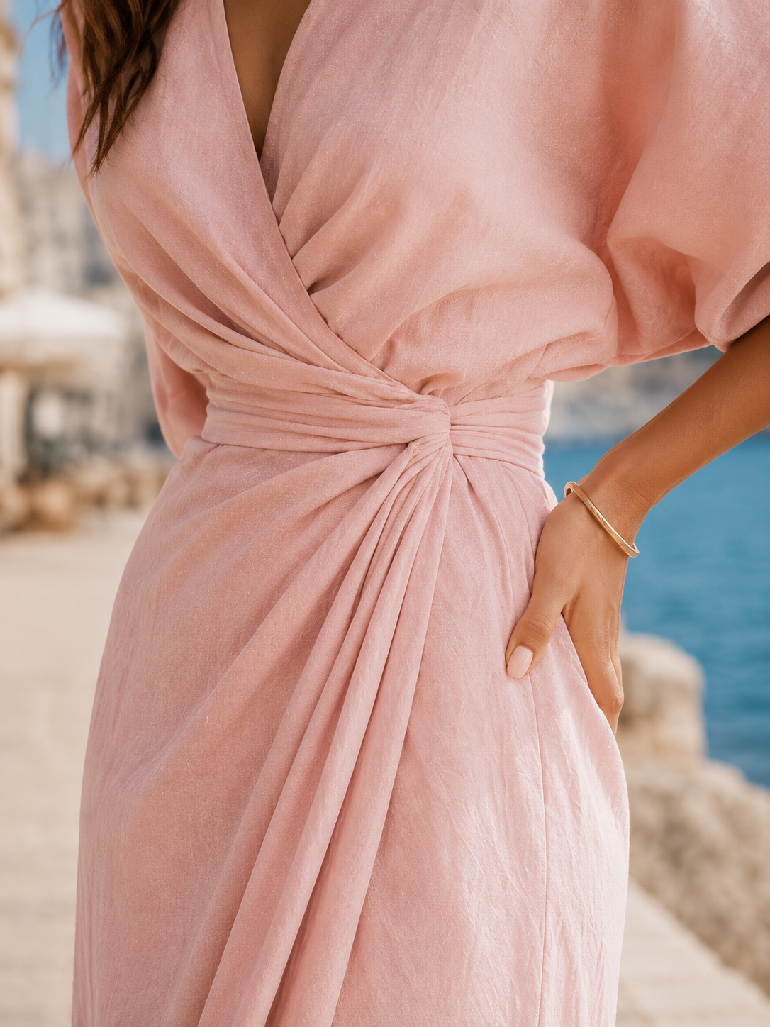 Wrap Front V-Neck Puff Sleeve Twist Maxi Dress
