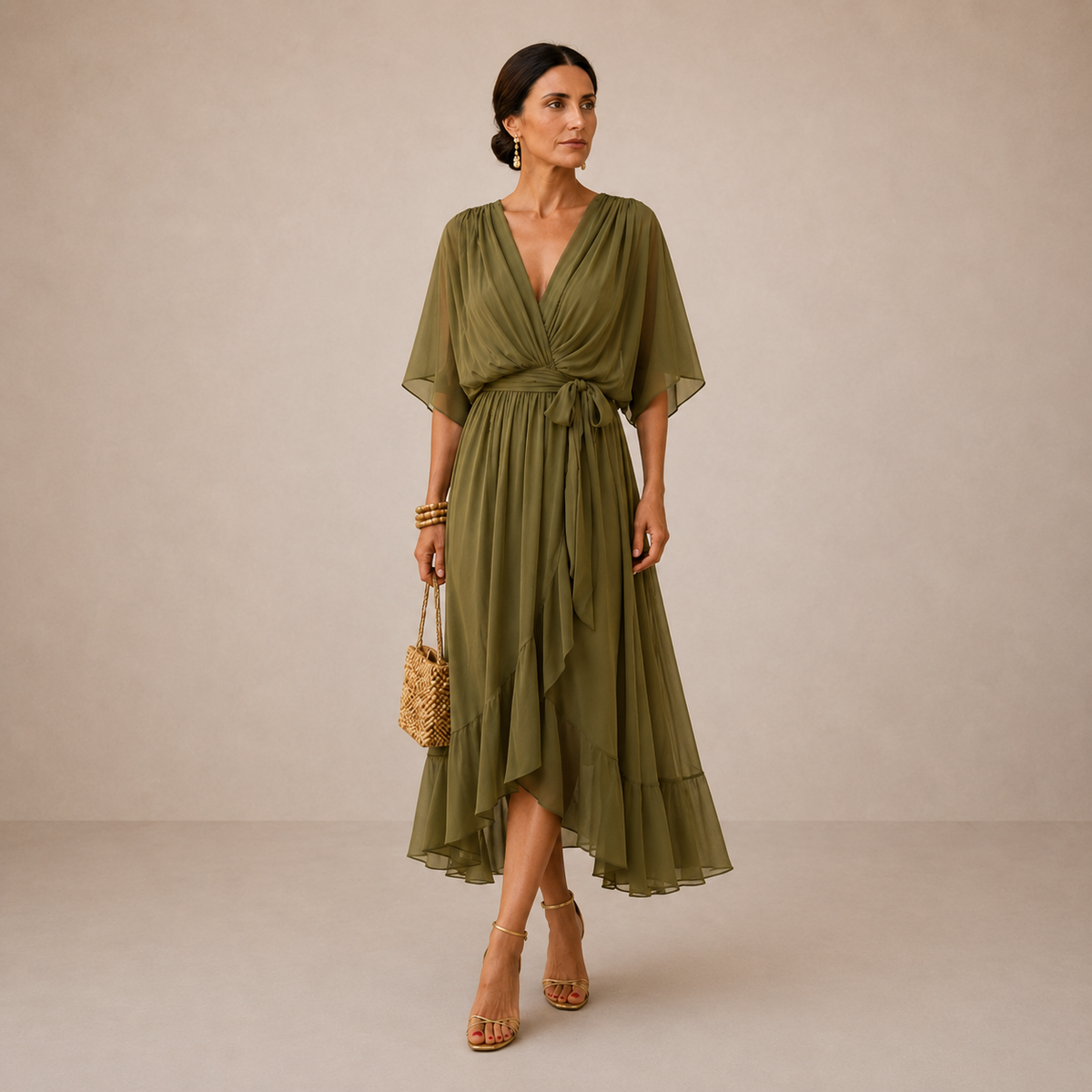 V-Neck Kimono Sleeve Belted Ruffle High Low Midi Dress