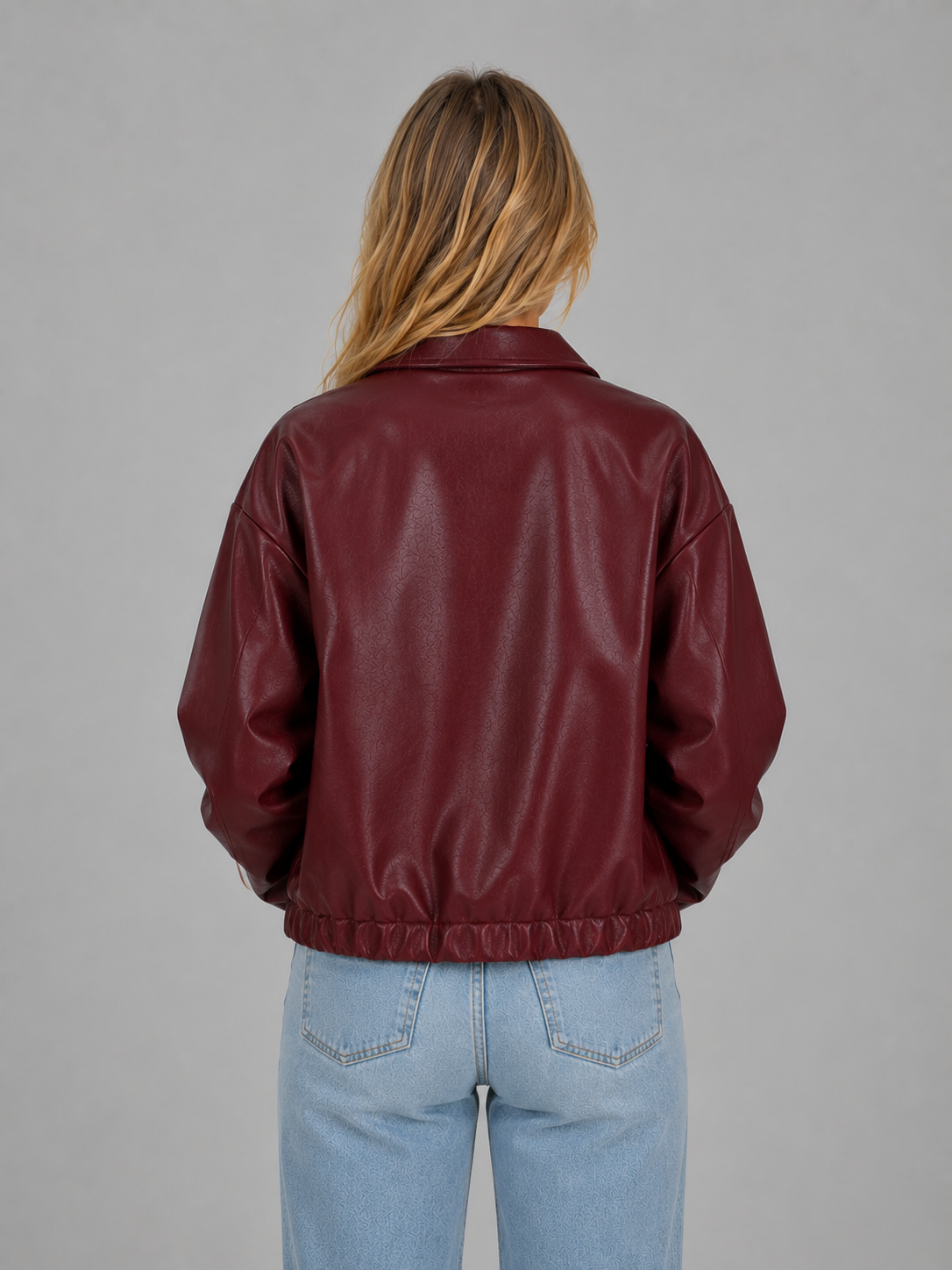 Collared Zip Front Faux Leather Cropped Bomber Jacket