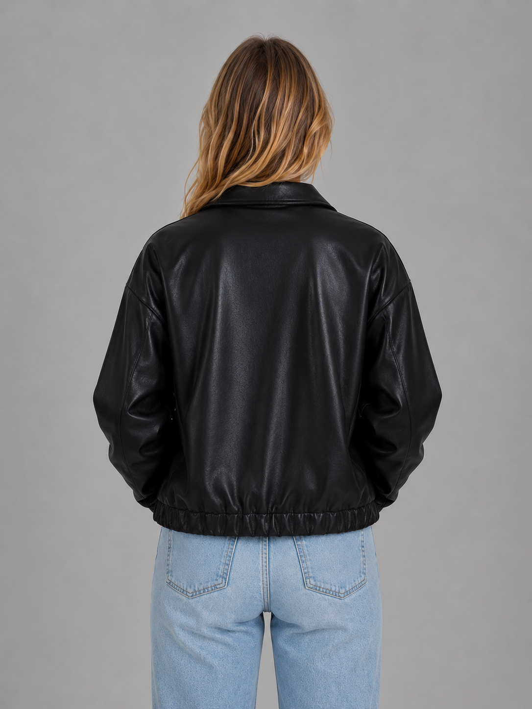 Collared Zip Front Faux Leather Cropped Bomber Jacket