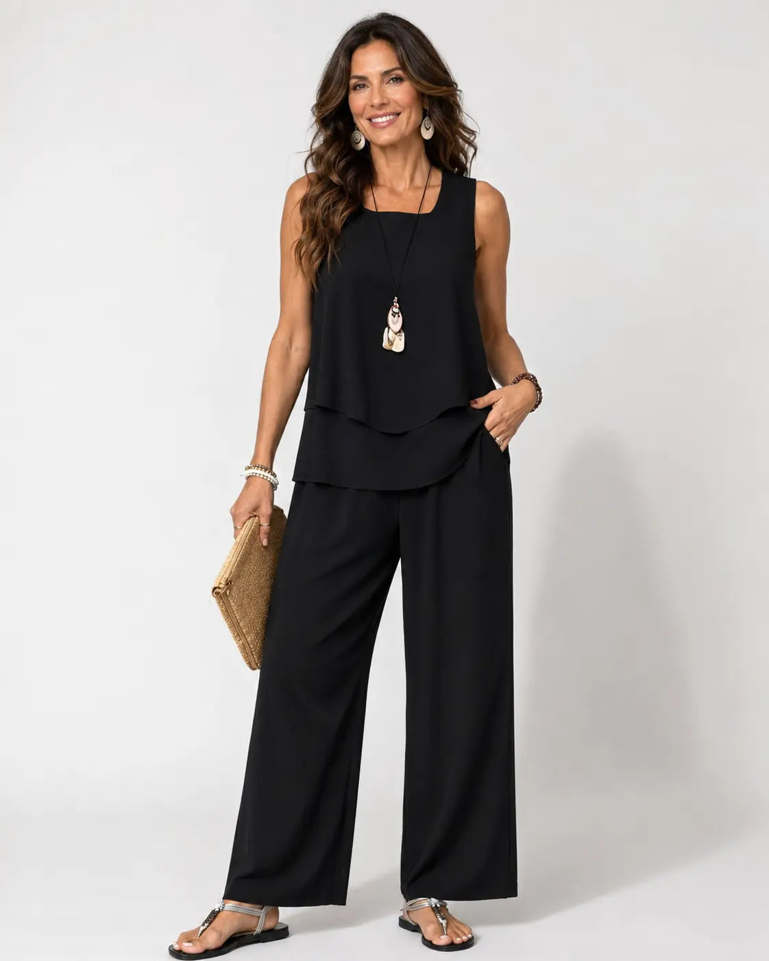 Layered Sleeveless Top and Wide Leg Pants Two Piece Set