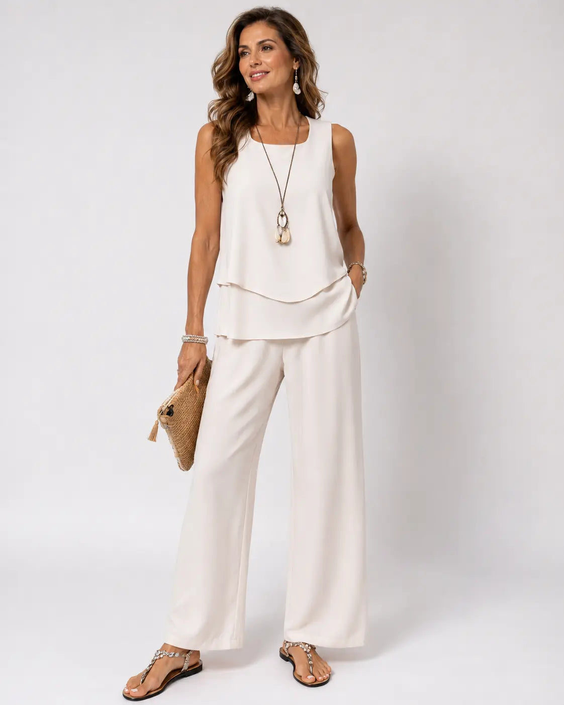 Sleeveless Layered Top and Wide Leg Pants Two Piece Set