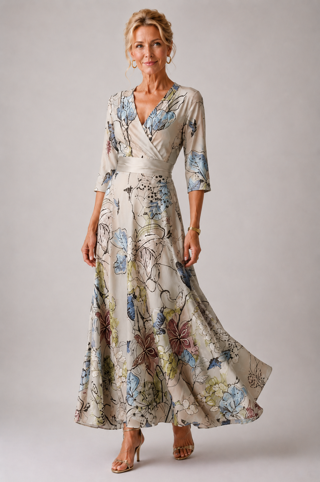 Floral V-Neck Wrap Long Sleeve Maxi Dress