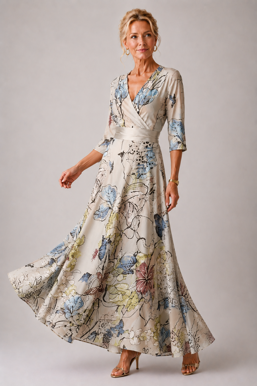 Floral V-Neck Wrap Long Sleeve Maxi Dress