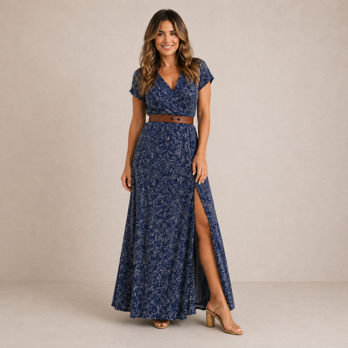 Paisley Print V-Neck Short Sleeve Belted High Split Maxi Dress