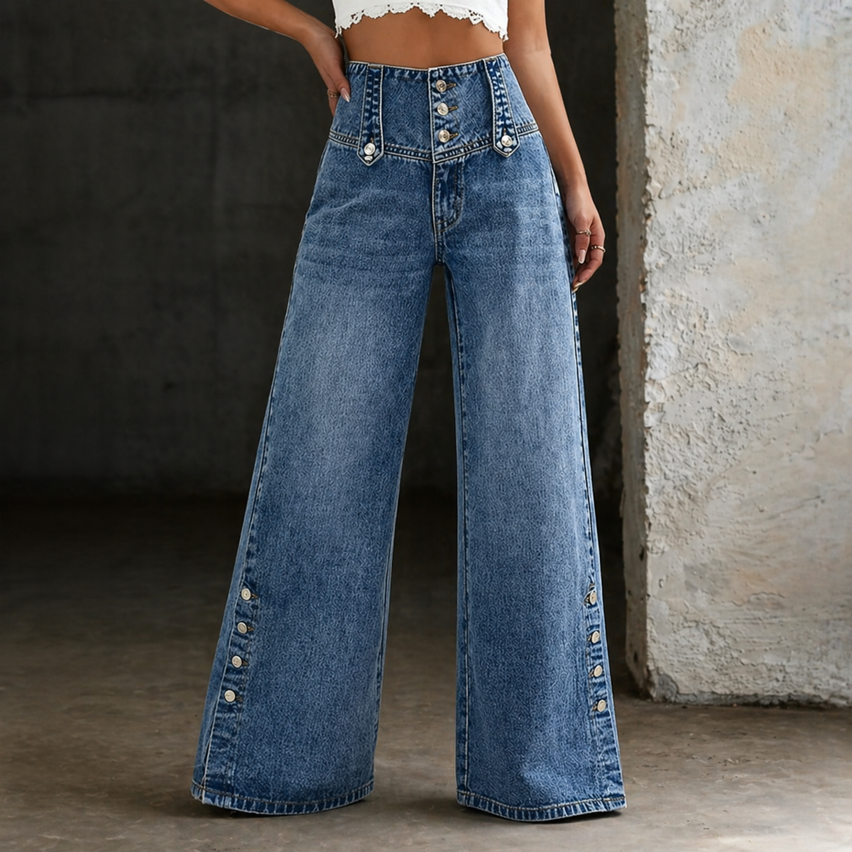 High Waist Button Front Side Button Wide Leg Jeans
