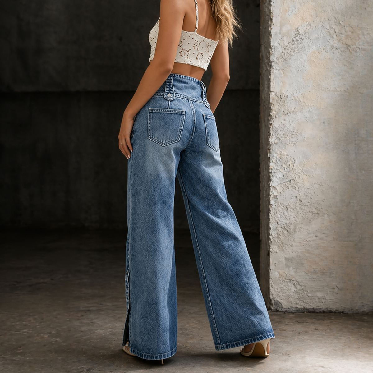 High Waist Button Front Side Button Wide Leg Jeans