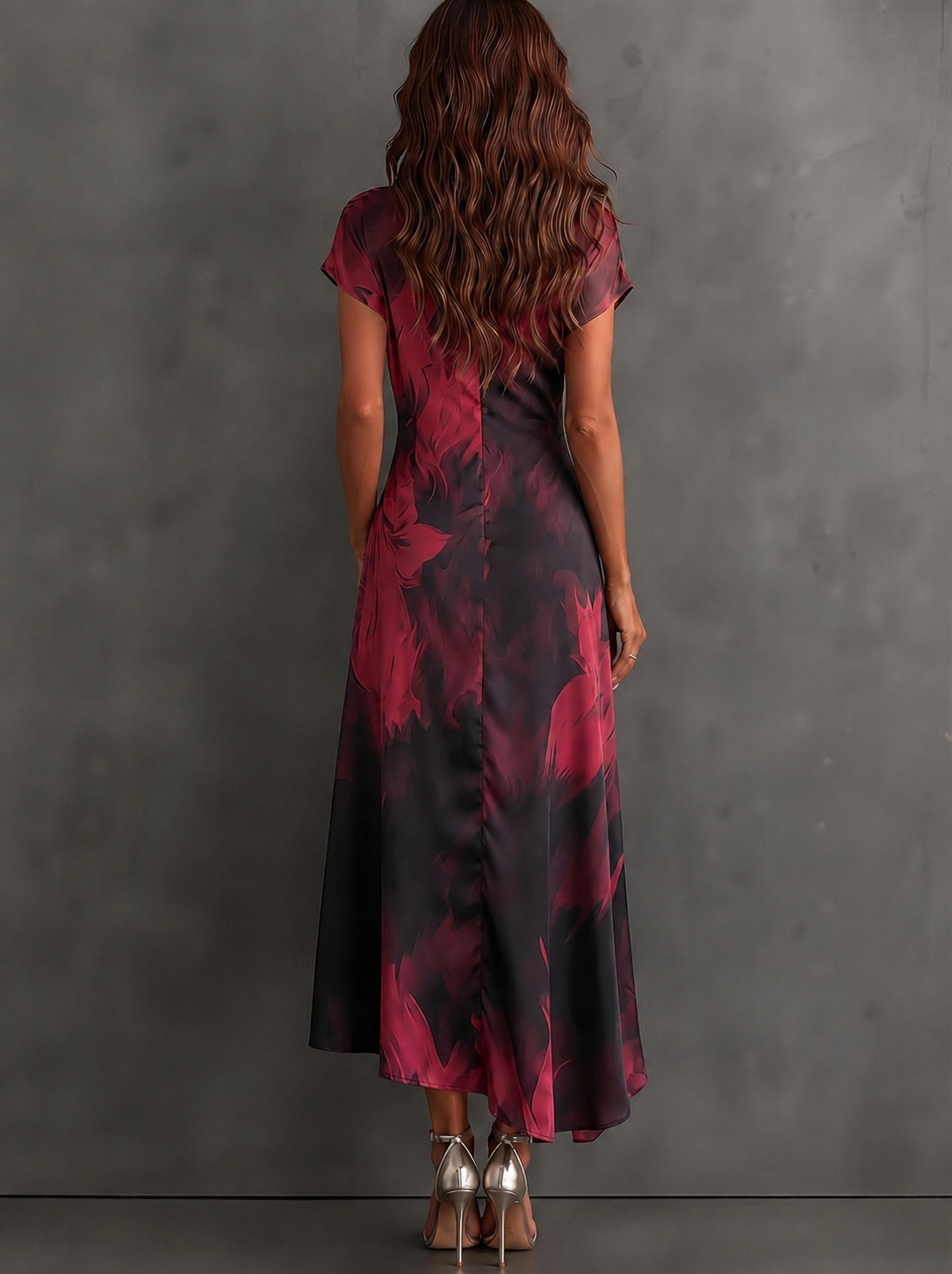Abstract Print Collared Cap Sleeve Ruched Wrap Maxi Dress