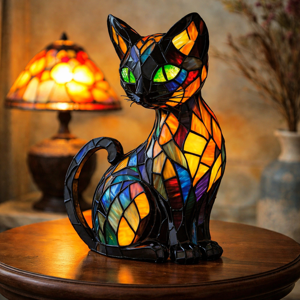 Stained Glass Style Sitting Cat Table Lamp