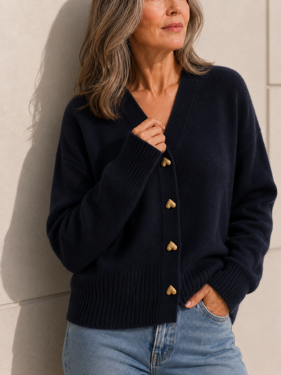 V-Neck Heart Button Knit Cardigan