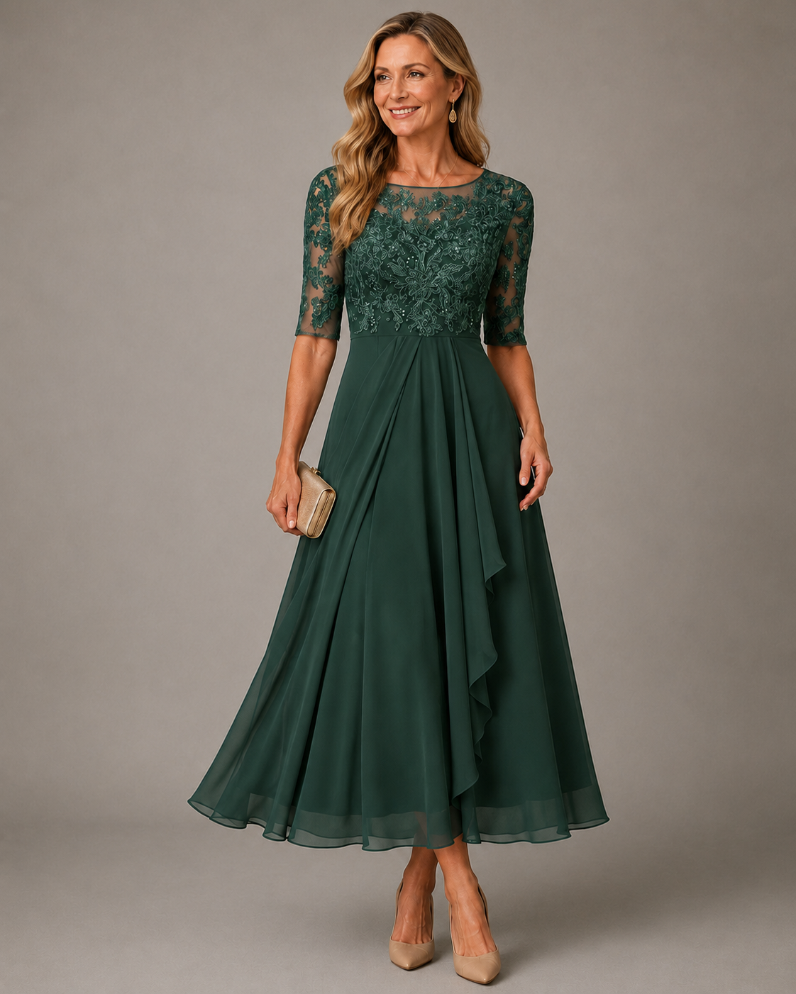 Lace Bodice Half Sleeve Chiffon A-Line Tea Length Dress