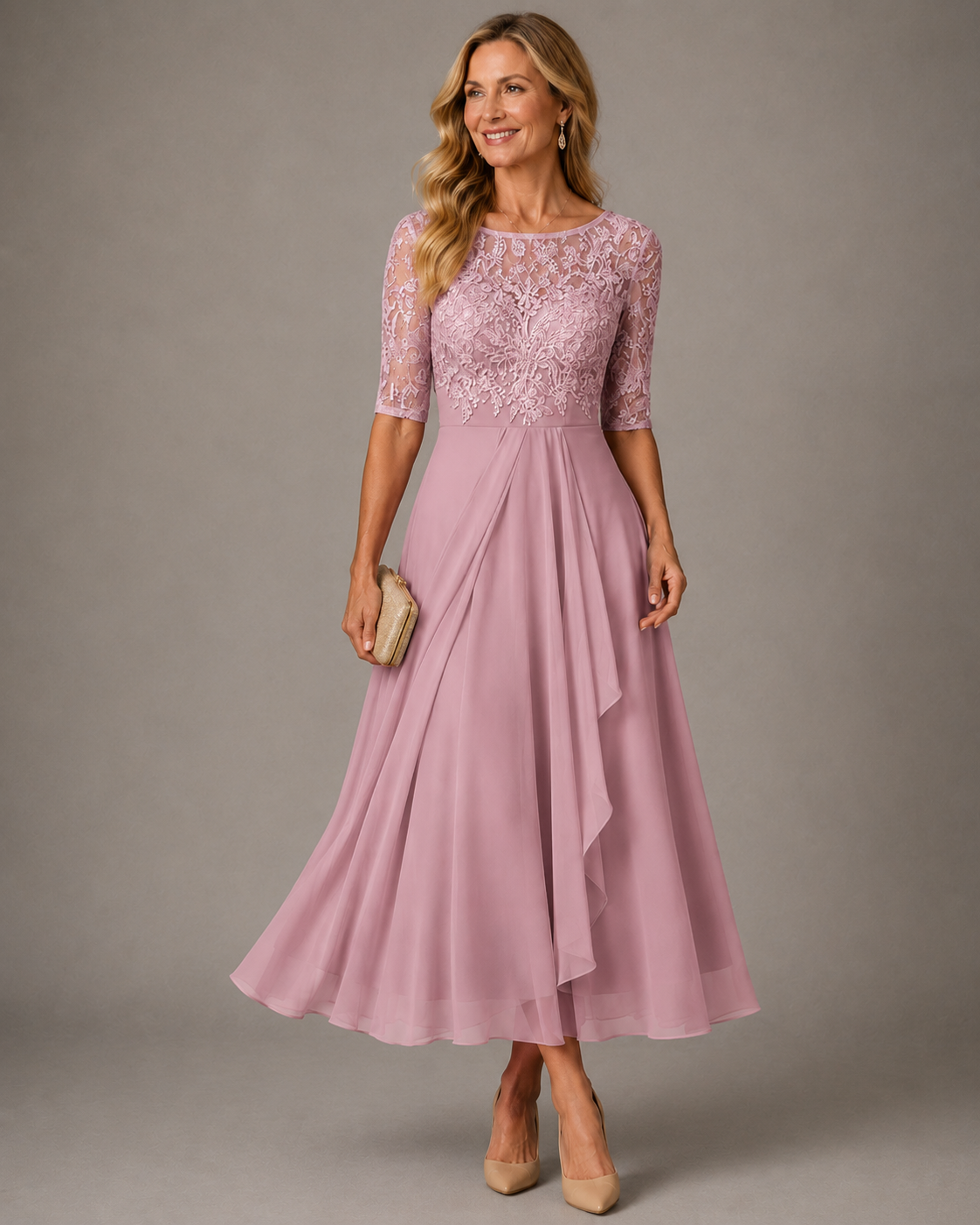 Lace Bodice Half Sleeve Chiffon A-Line Tea Length Dress