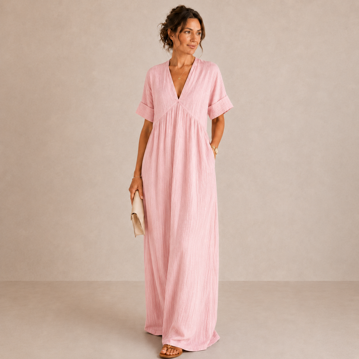 Crinkle V-Neck Short Sleeve Empire Waist Maxi Dress