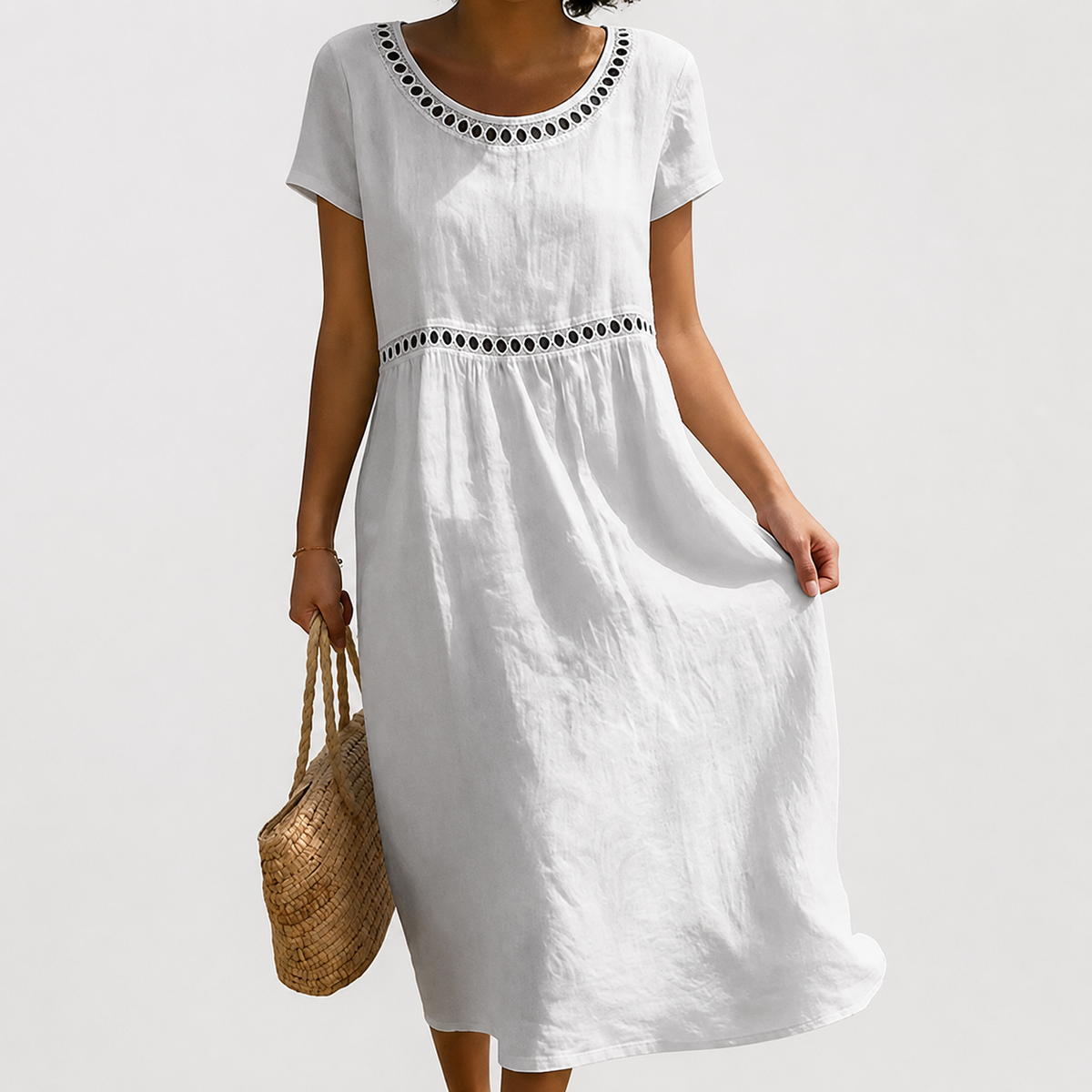 Round Neck Short Sleeve Eyelet Trim Midi Dress