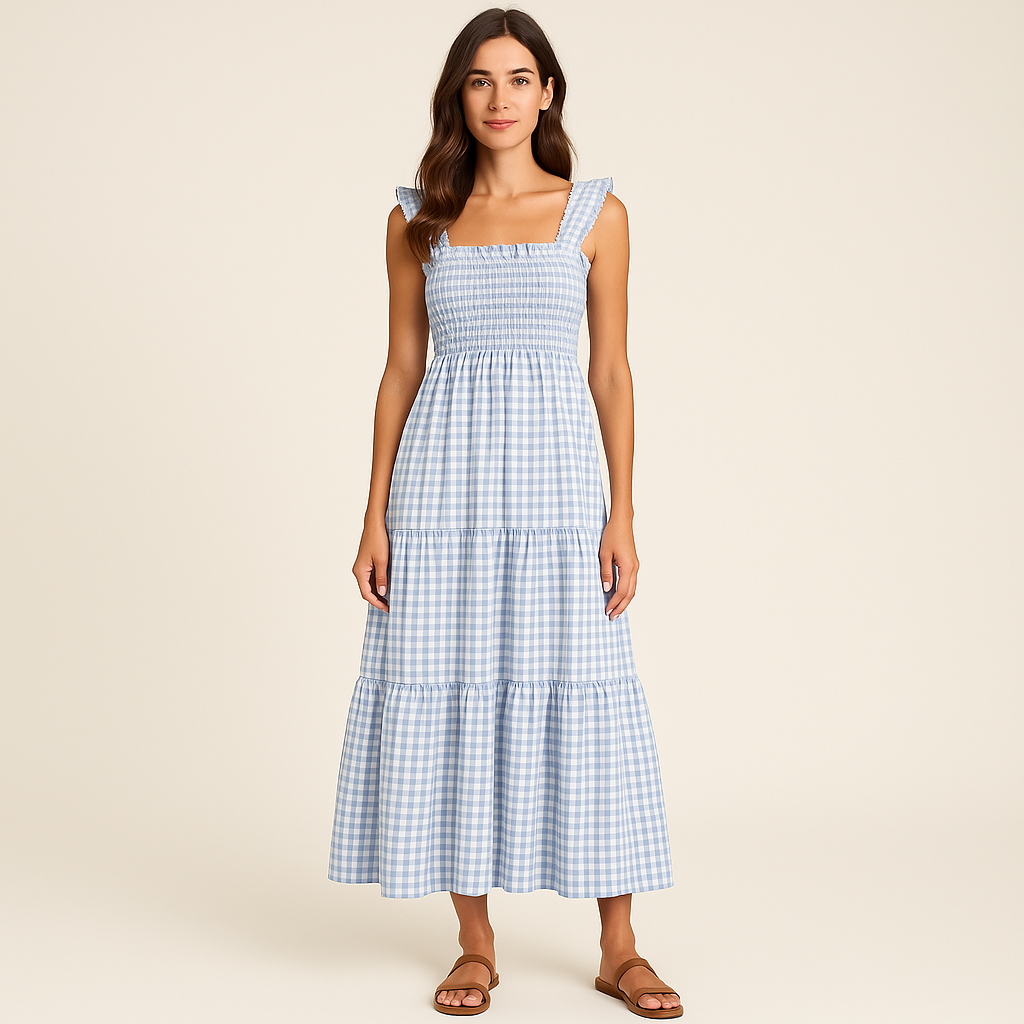 Sophia – Plaid Print Sleeveless Maxi Dress Sky Blue