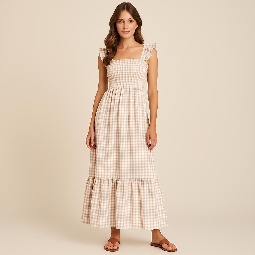 Sophia – Plaid Print Sleeveless Maxi Dress Beige