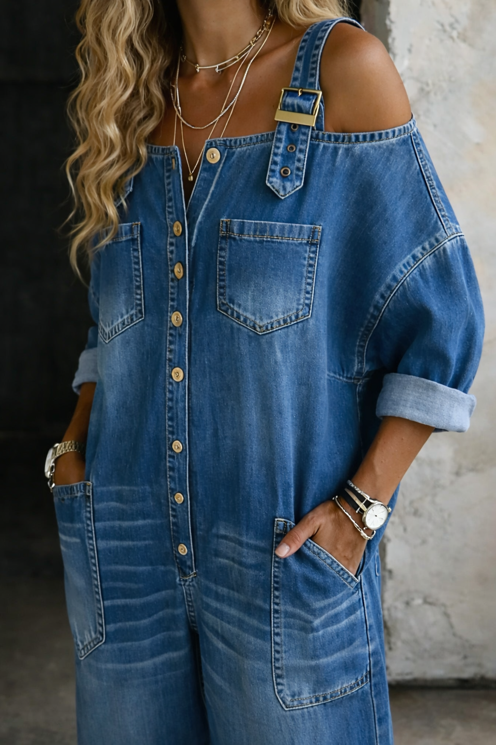 Cold Shoulder Long Sleeve Button Front Wide Leg Denim Jumpsuit