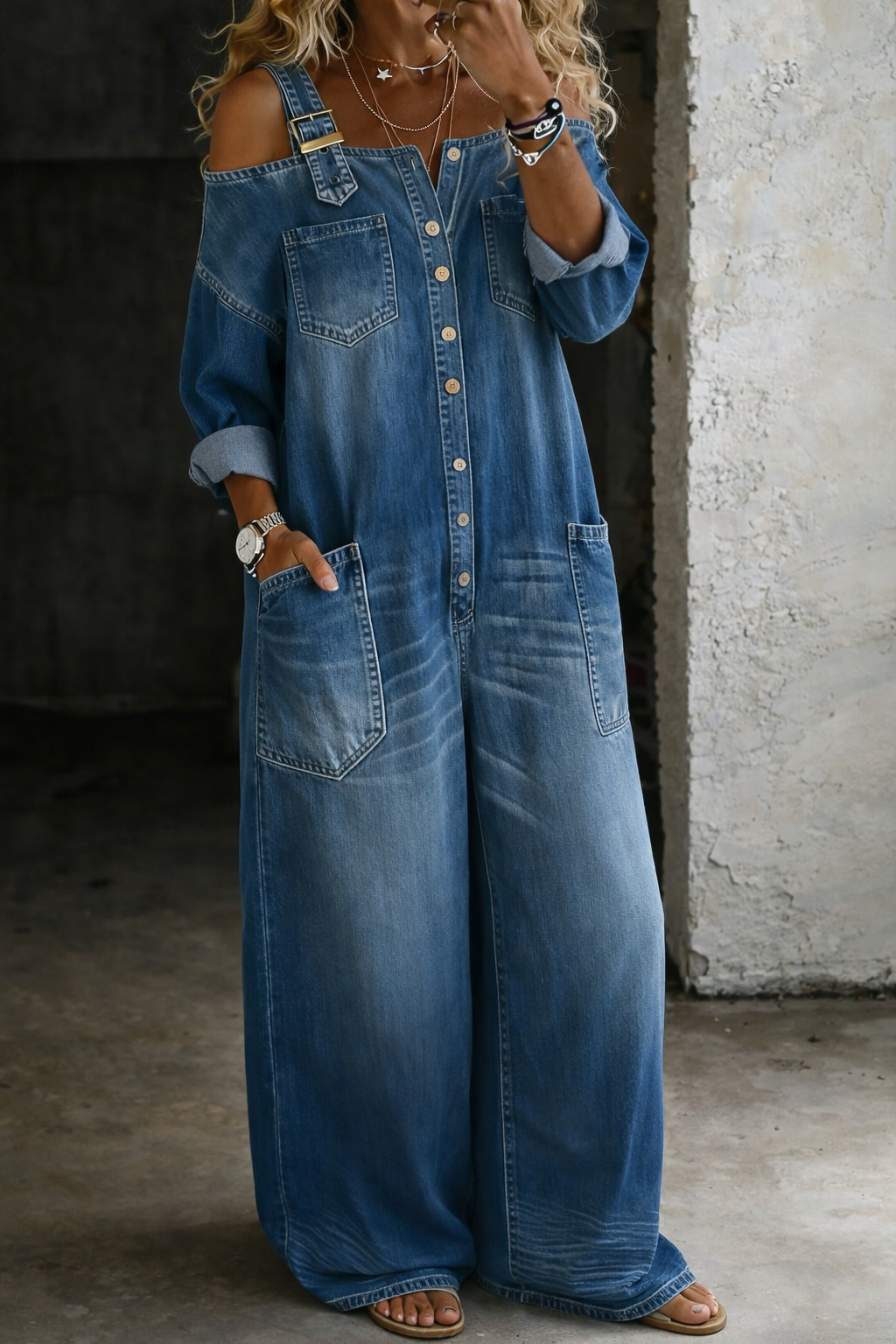 Cold Shoulder Long Sleeve Button Front Wide Leg Denim Jumpsuit