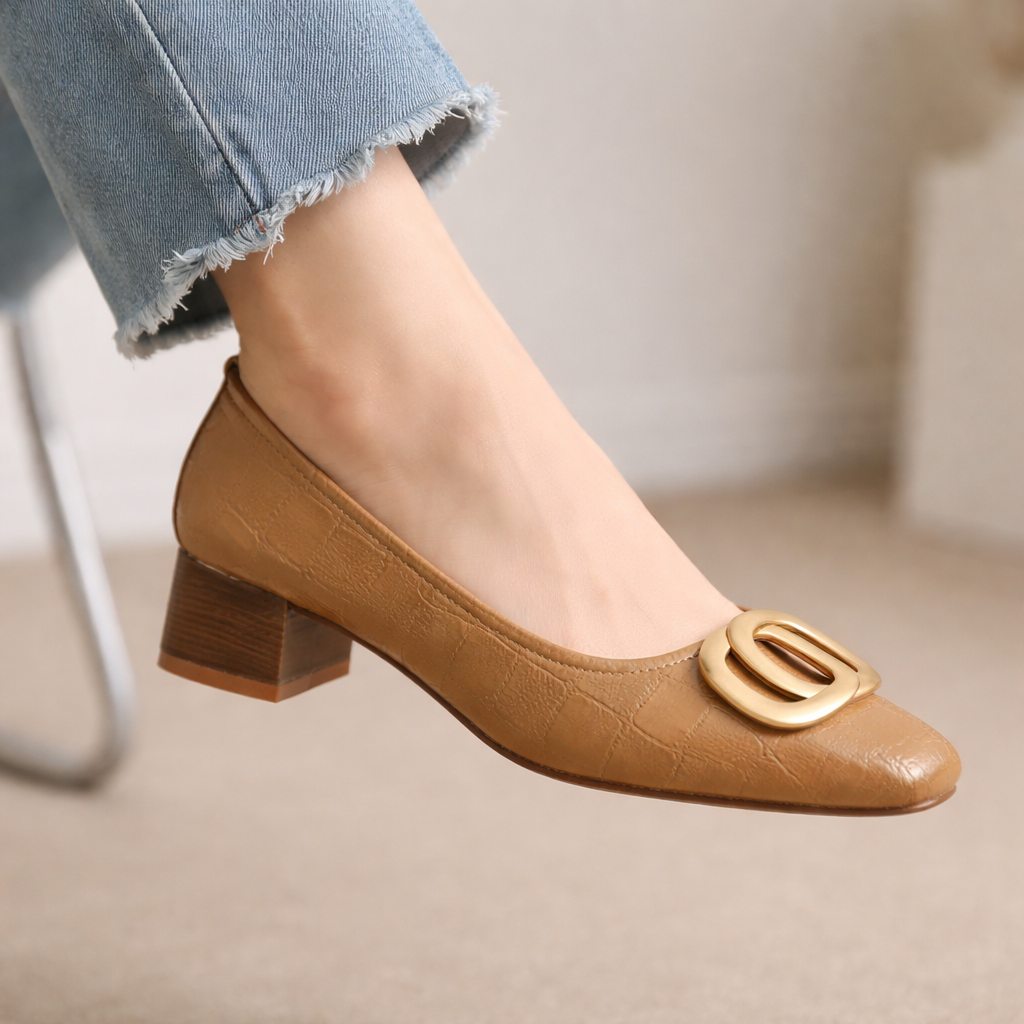 Square Toe Buckle Croc Texture Block Heel Pumps