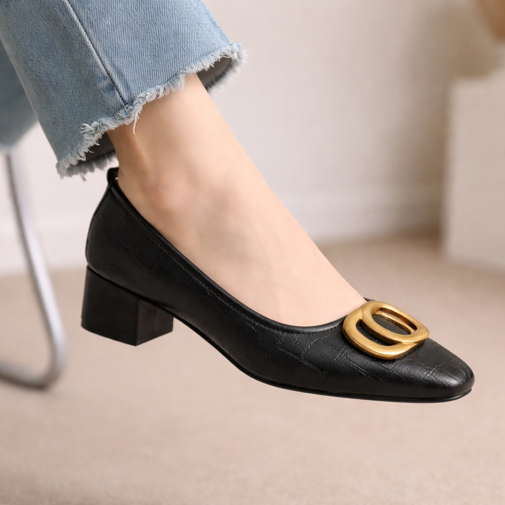 Square Toe Buckle Croc Texture Block Heel Pumps