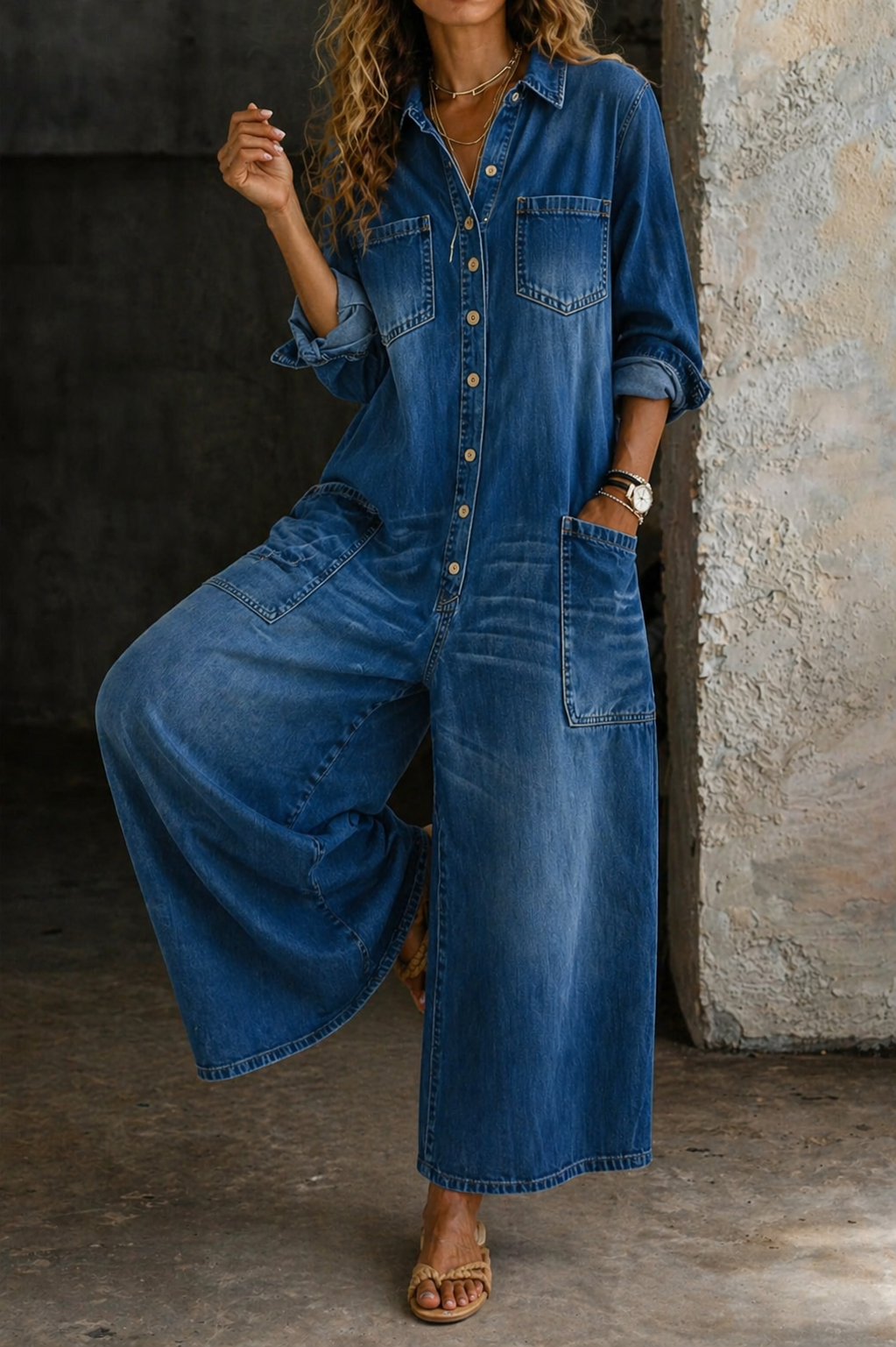 Collared Button Front Denim Wide Leg Jumpsuit