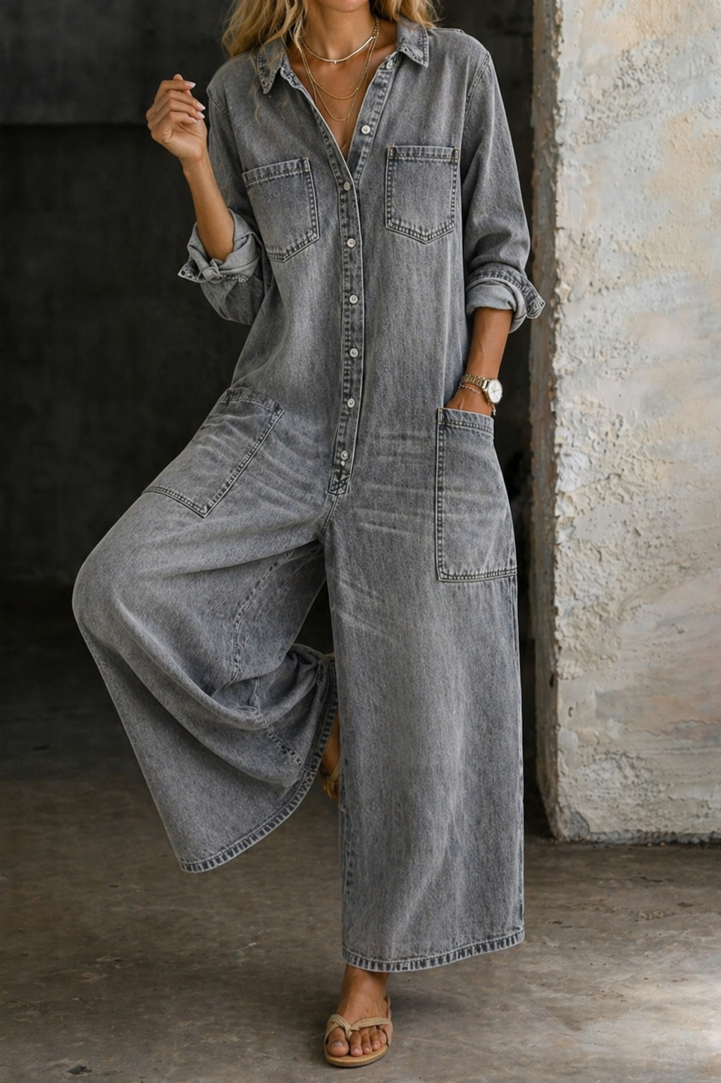 Collared Button Front Denim Wide Leg Jumpsuit