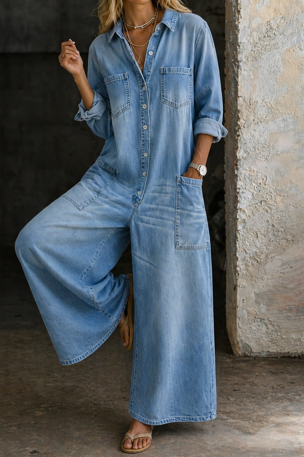 Collared Button Front Denim Wide Leg Jumpsuit