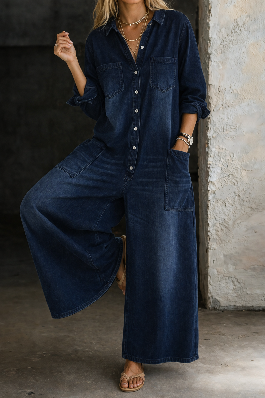 Collared Button Front Denim Wide Leg Jumpsuit