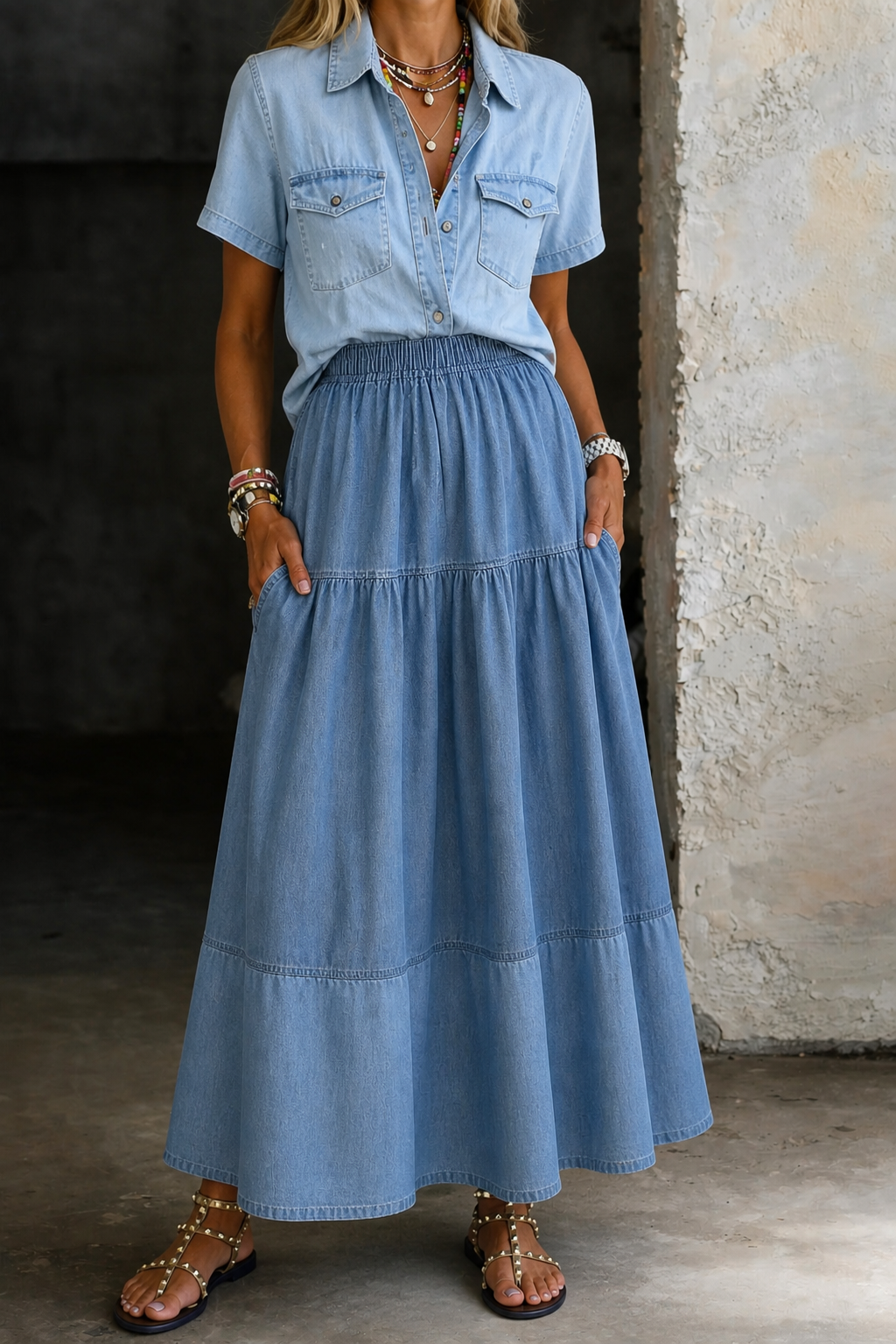 High Waist Elastic Tiered Denim Maxi Skirt