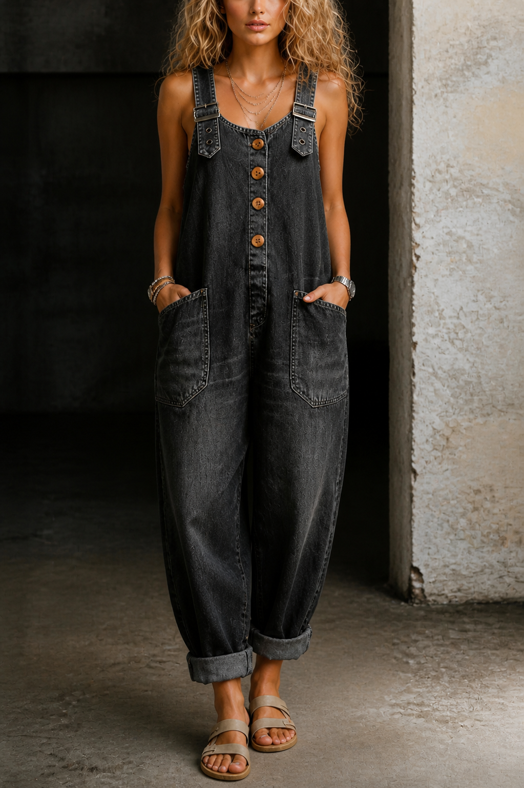 Button Front Wide Leg Denim Overall Jumpsuit