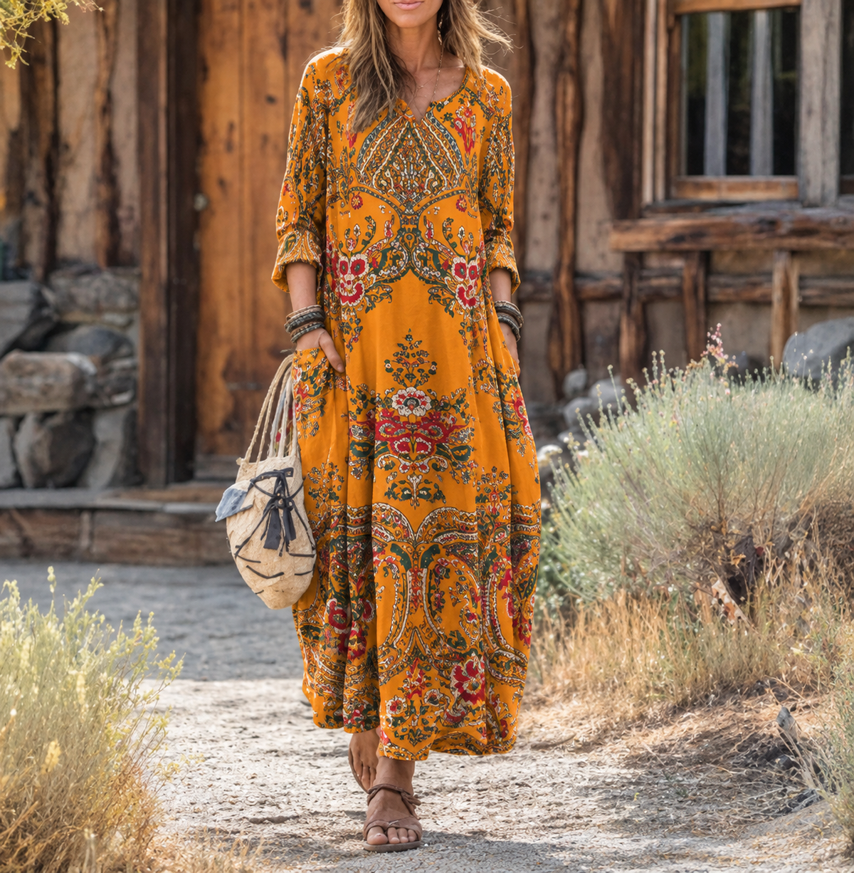 Boho Paisley Print V-Neck Long Sleeve Maxi Dress