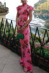 Rose Floral High Neck Flutter Sleeve Mermaid Maxi Dress 12