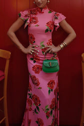 Rose Floral High Neck Flutter Sleeve Mermaid Maxi Dress 4