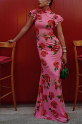 Rose Floral High Neck Flutter Sleeve Mermaid Maxi Dress 6