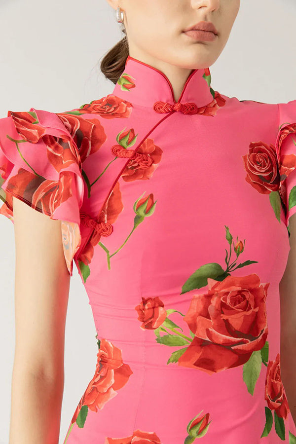 Rose Floral High Neck Flutter Sleeve Mermaid Maxi Dress 15