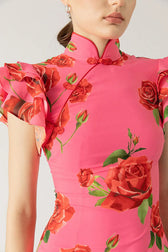 Rose Floral High Neck Flutter Sleeve Mermaid Maxi Dress 15