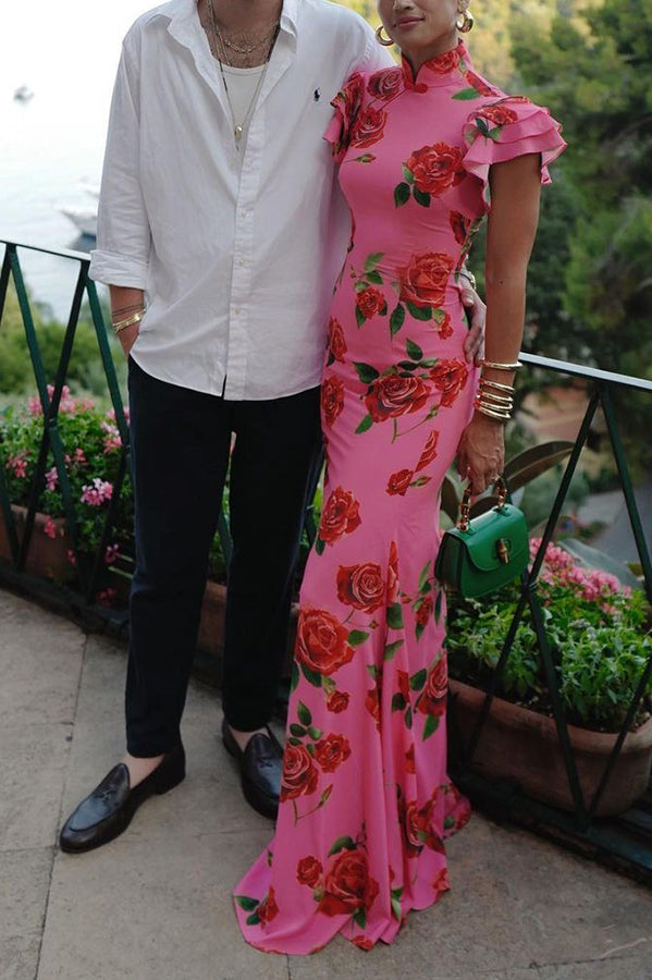 Rose Floral High Neck Flutter Sleeve Mermaid Maxi Dress 16