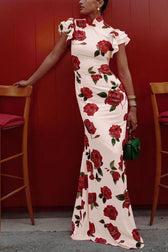 Rose Floral High Neck Flutter Sleeve Mermaid Maxi Dress 8