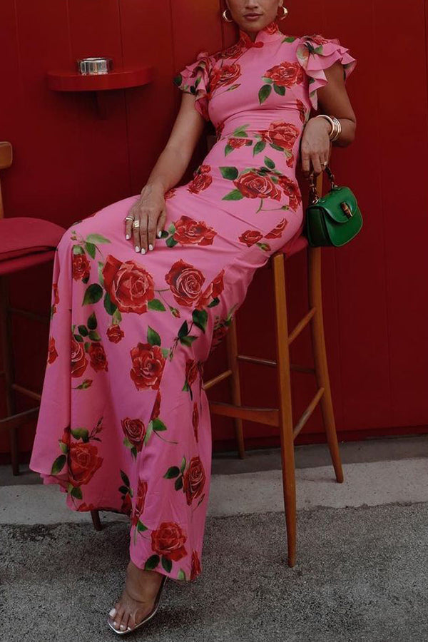 Rose Floral High Neck Flutter Sleeve Mermaid Maxi Dress