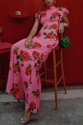 Rose Floral High Neck Flutter Sleeve Mermaid Maxi Dress