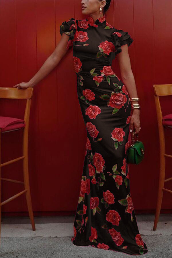 Rose Floral High Neck Flutter Sleeve Mermaid Maxi Dress 9