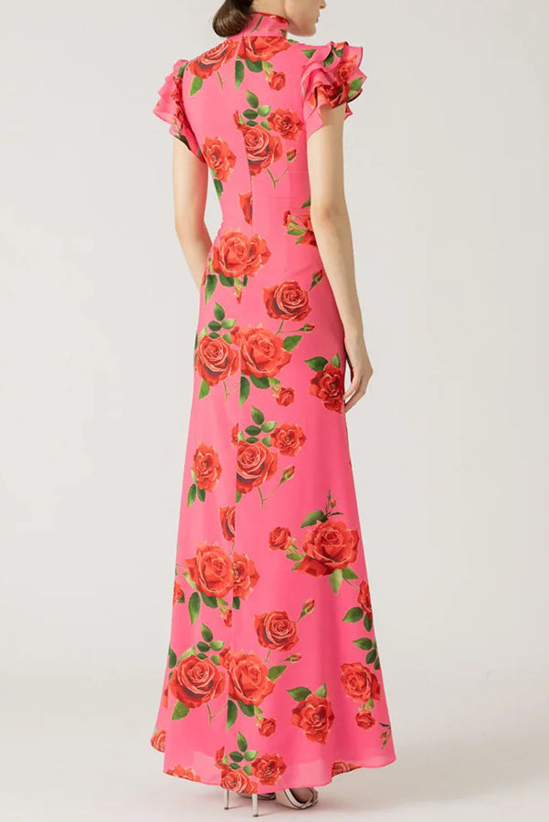 Rose Floral High Neck Flutter Sleeve Mermaid Maxi Dress 10
