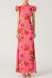 Rose Floral High Neck Flutter Sleeve Mermaid Maxi Dress 11