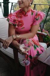 Rose Floral High Neck Flutter Sleeve Mermaid Maxi Dress 18