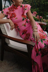 Rose Floral High Neck Flutter Sleeve Mermaid Maxi Dress 19