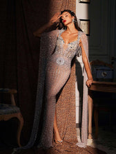 Rhinestone Cape Maxi Dress - View 4