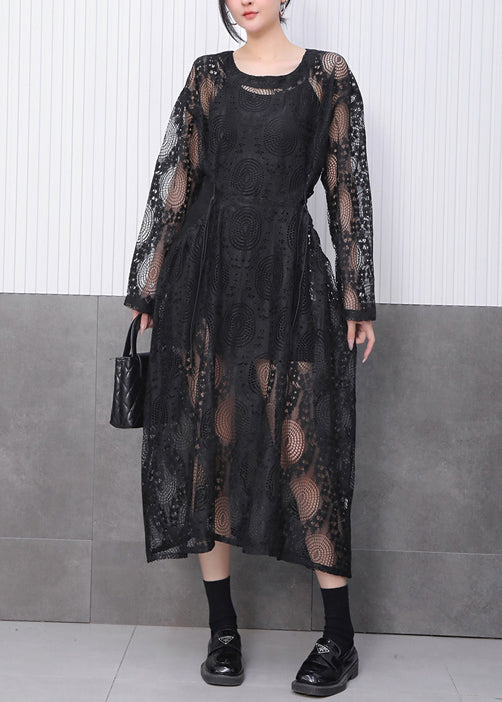 Circle Lace Eyelet Drawstring Waist Long Sleeve Midi Dress
