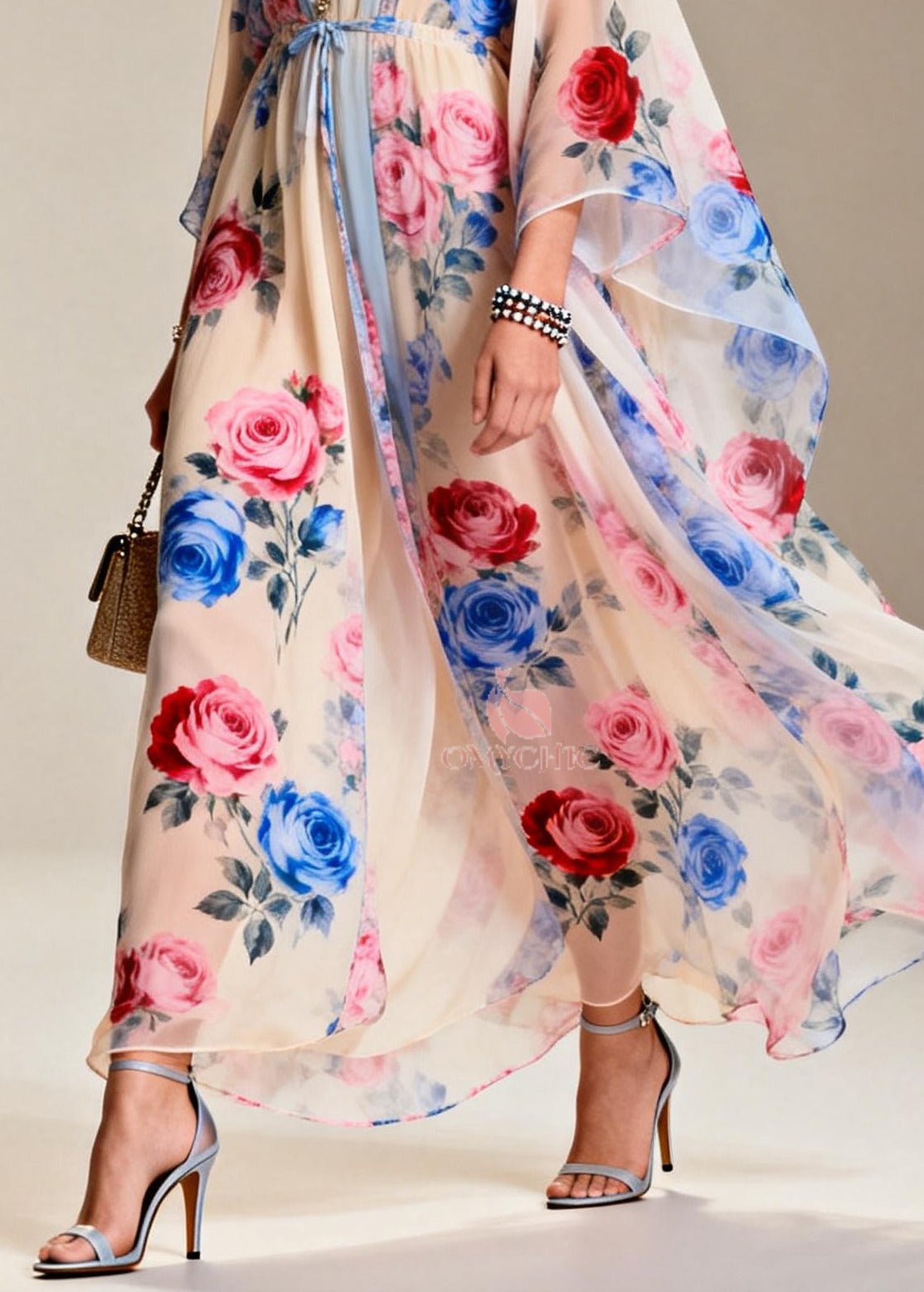 Floral Print Contrast Trim V-Neck Kimono Sleeve Tie Waist Maxi Gown